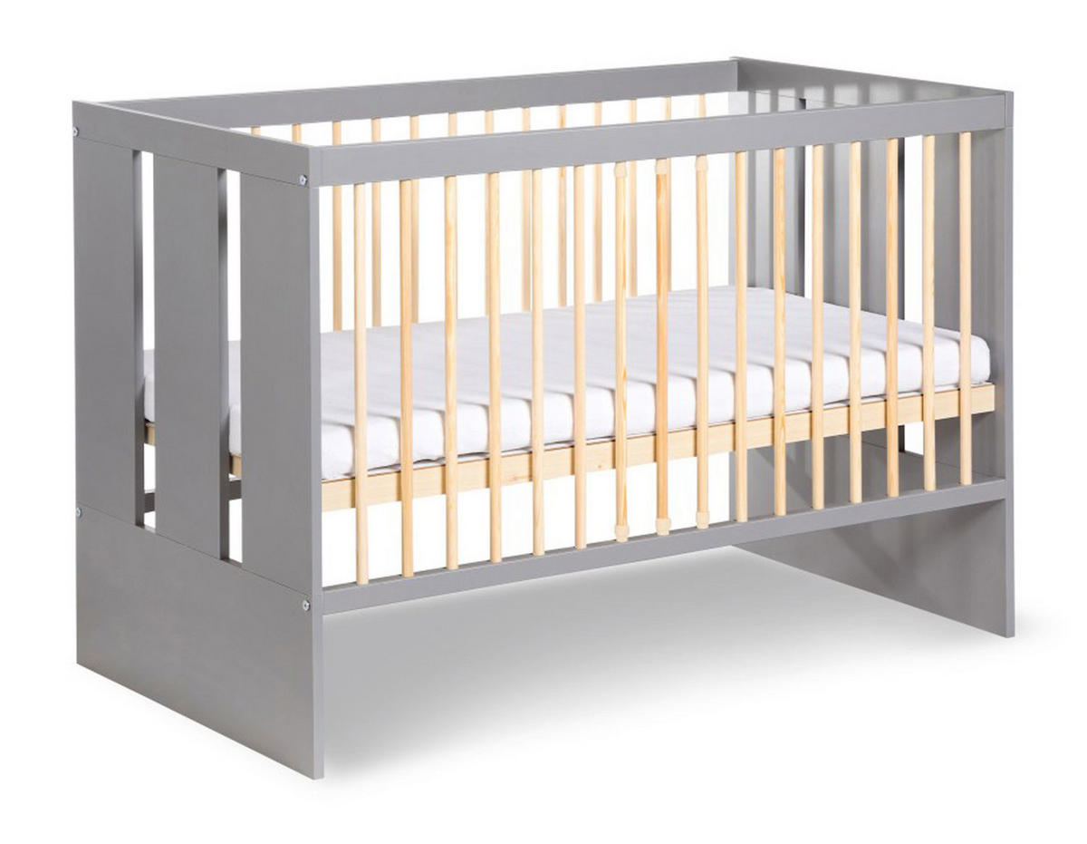 BABYBETT Pauline graphit / Kiefer / weiß 124 / 85 / 66cm - Grau/Kieferfarben, Holz/Holzwerkstoff (60/120cm) - Feldmann-Wohnen