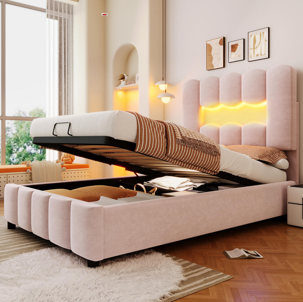 POLSTERBETT mit Stauraum 90x200 cm Samt Pink LED - Pink, Metall (90/200cm) - Meubliv