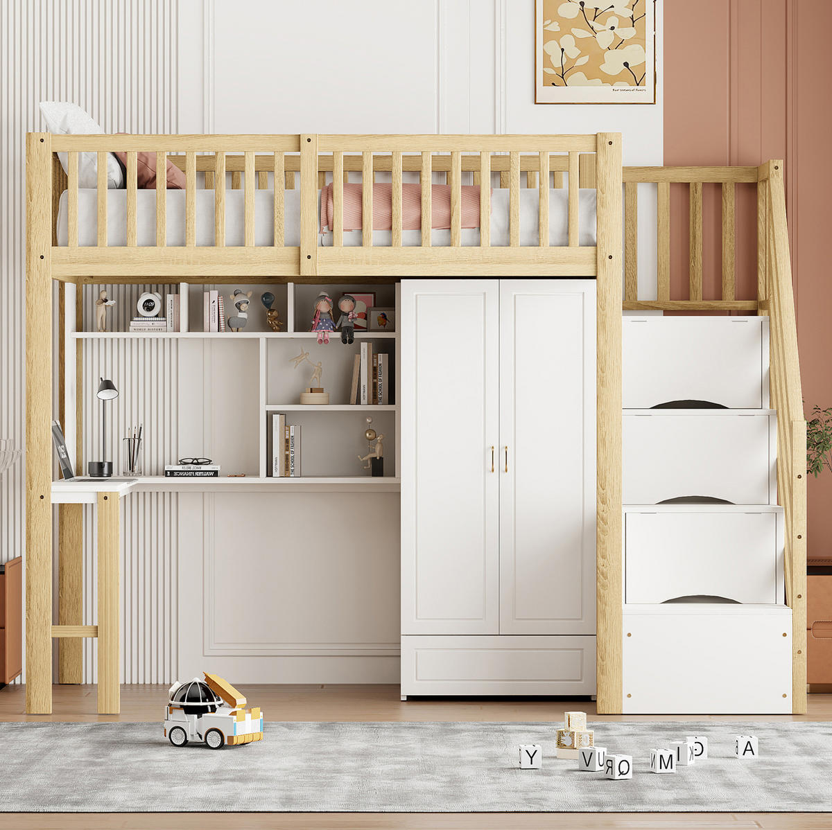 HOCHBETT aus Kiefernholz 90x200 cm Weiß/Holzfarbe mit Stauraumtreppe, Schrank und Tisch - Naturfarben, Holzwerkstoff (90/200cm) - IVMEU