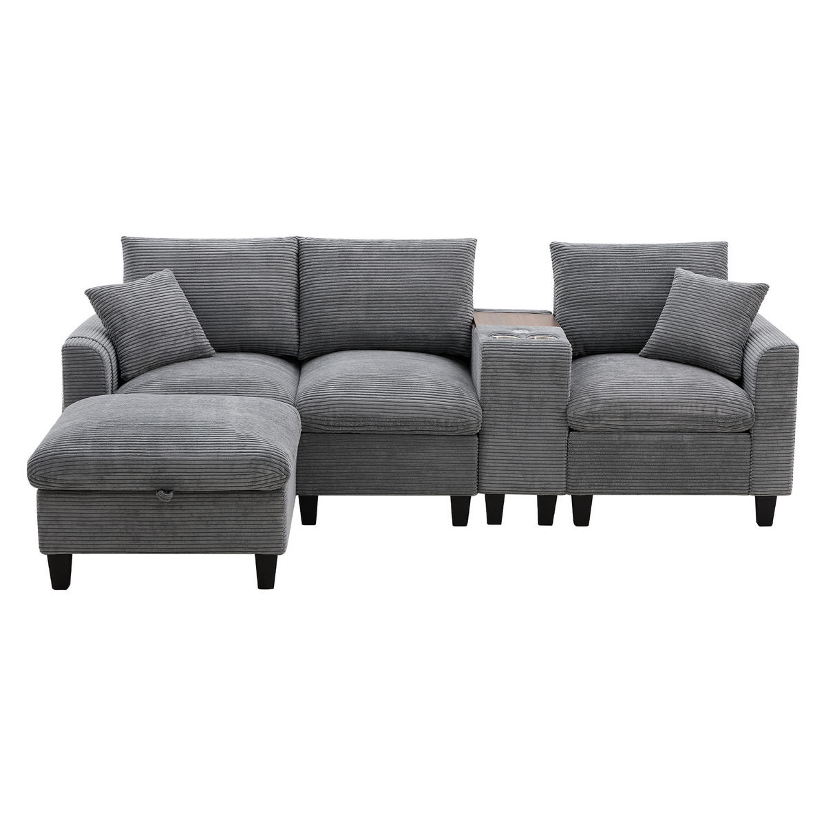 ECKSOFA L-Form 4-Sitzer mit USB-Anschlüssen & Armlehnen Aufbewahrungstaschen Cord Grau 229/149,5/83 cm - Grau, Textil (229/149.5cm) - OKWISH