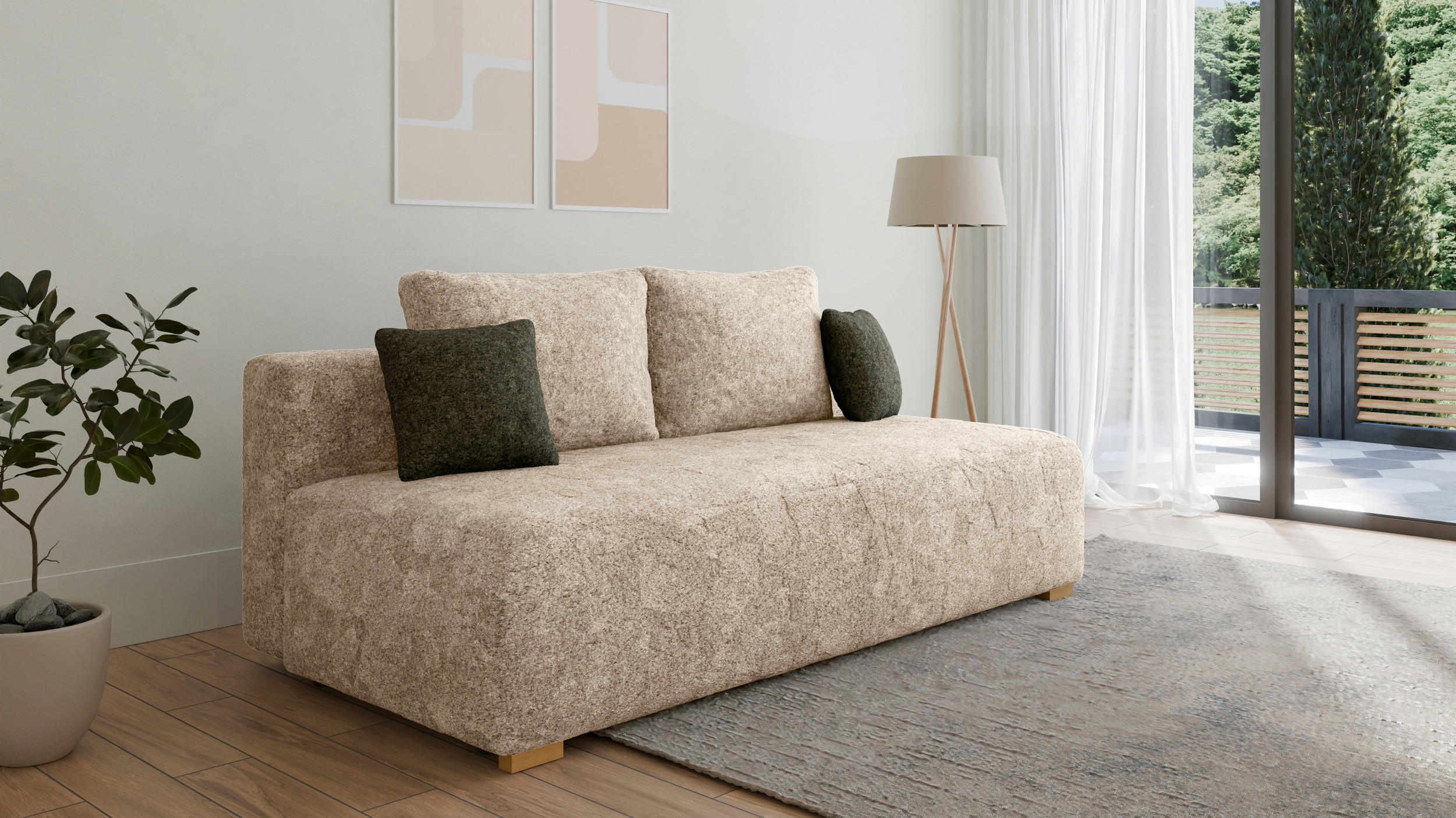 SCHLAFSOFA - Polstersofa aus Bouclé - Beige (Arena 2 + Arena 12 Kissen) - Beige/Grün, Holzwerkstoff (200/90/100cm) - Möblo