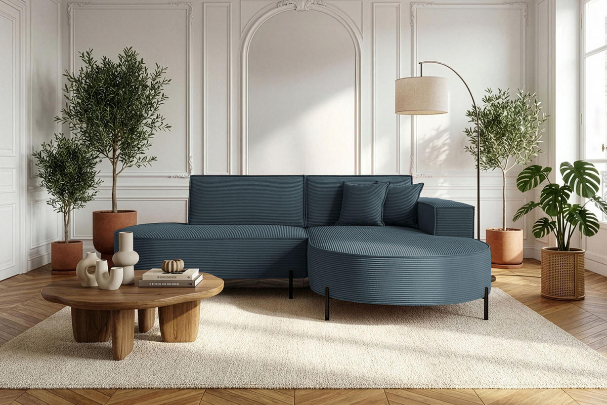 ECKSOFA Hana Loft 3-Sitzer Ecke Rechts, Cordstoff Chenille, Dunkelblau 241/80/168 cm - Blau/Schwarz, Textil/Metall (241/168cm) - WFL GROUP