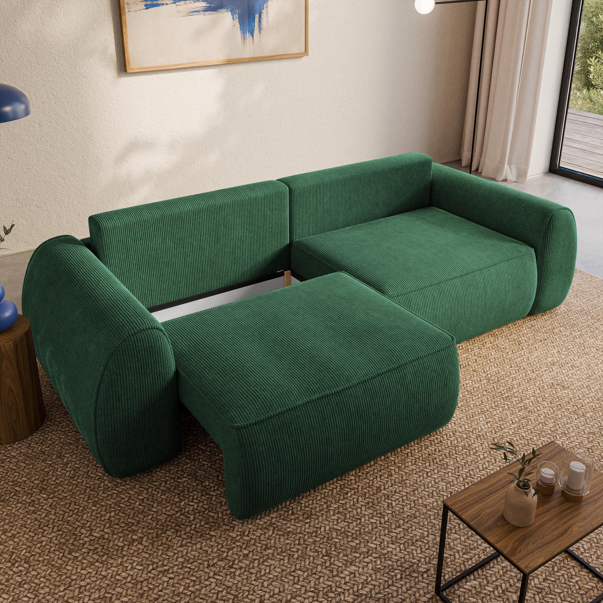 BETTSOFA ZEFEO Grün Kordstoff mit Schlaffunktion - Grün, Textil (264/96/106cm) - MASSENO