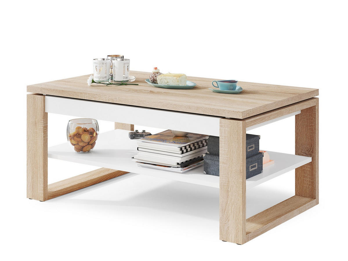 COUCHTISCH rechteckig Sonoma Eiche Weiß aufklappbar 110/65/50 cm - Weiß/Sonoma Eiche, Holzwerkstoff (65/110/50cm) - designimpex