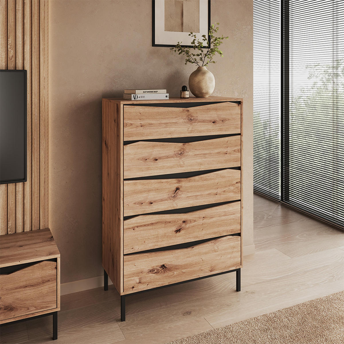 KOMMODE Elvano, Eiche/Schwarz, 79.2 x 120 cm mit 5 Schubladen - Eichefarben/Schwarz, Holzwerkstoff (79.2/120/39.2cm) - Vicco