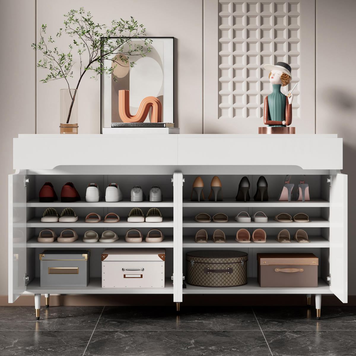 SCHUHSCHRANK aus Spanplatte 140x39x84cm in Weiß mit Soft-Close - Weiß, Holzwerkstoff (140/84/39cm) - Modfu