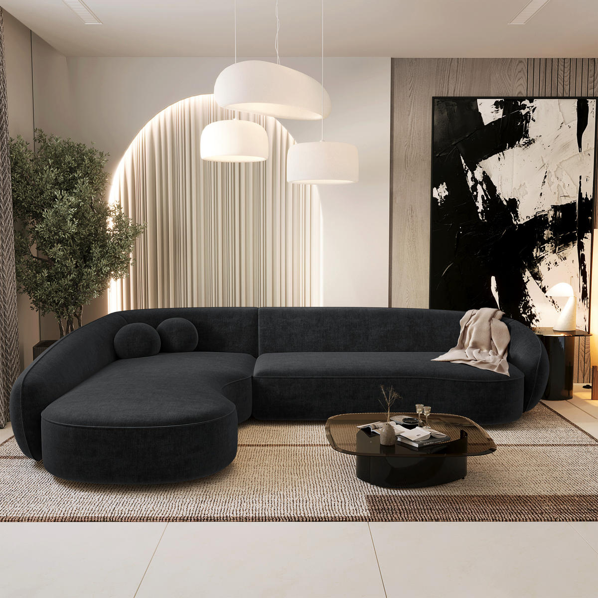ECKSOFA LINKS Rastergewebe mit weichem Griff Schwarz 290cm - Schwarz, Textil (290/198cm) - Sia Home