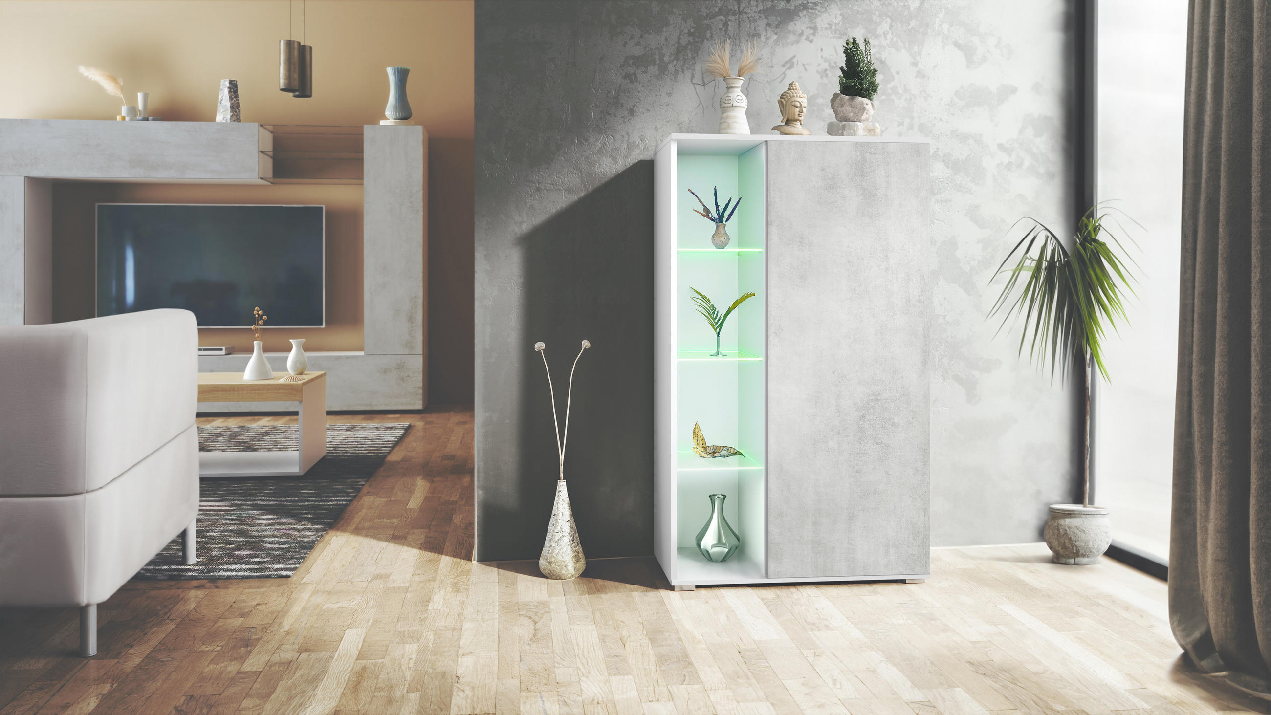 VITRINE Davos Beton Oxid Optik - Hellgrau, Holzwerkstoff (71.5/134/35cm) - Vladon