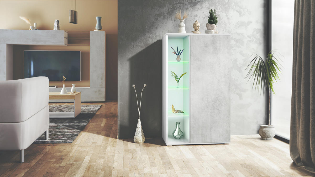 VITRINE Davos Beton Oxid Optik - Hellgrau, Holzwerkstoff (71.5/134/35cm) - Vladon