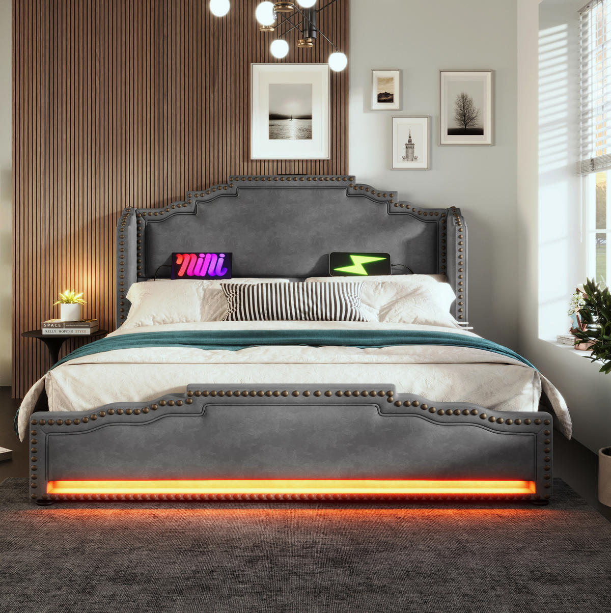 TAPECIRANI krevet 140/200 cm u baršunu s LED osvjetljenjem, USB i Type-C priključkom te 4 ladice, Siva - siva, tekstil (140/200cm) - Redom