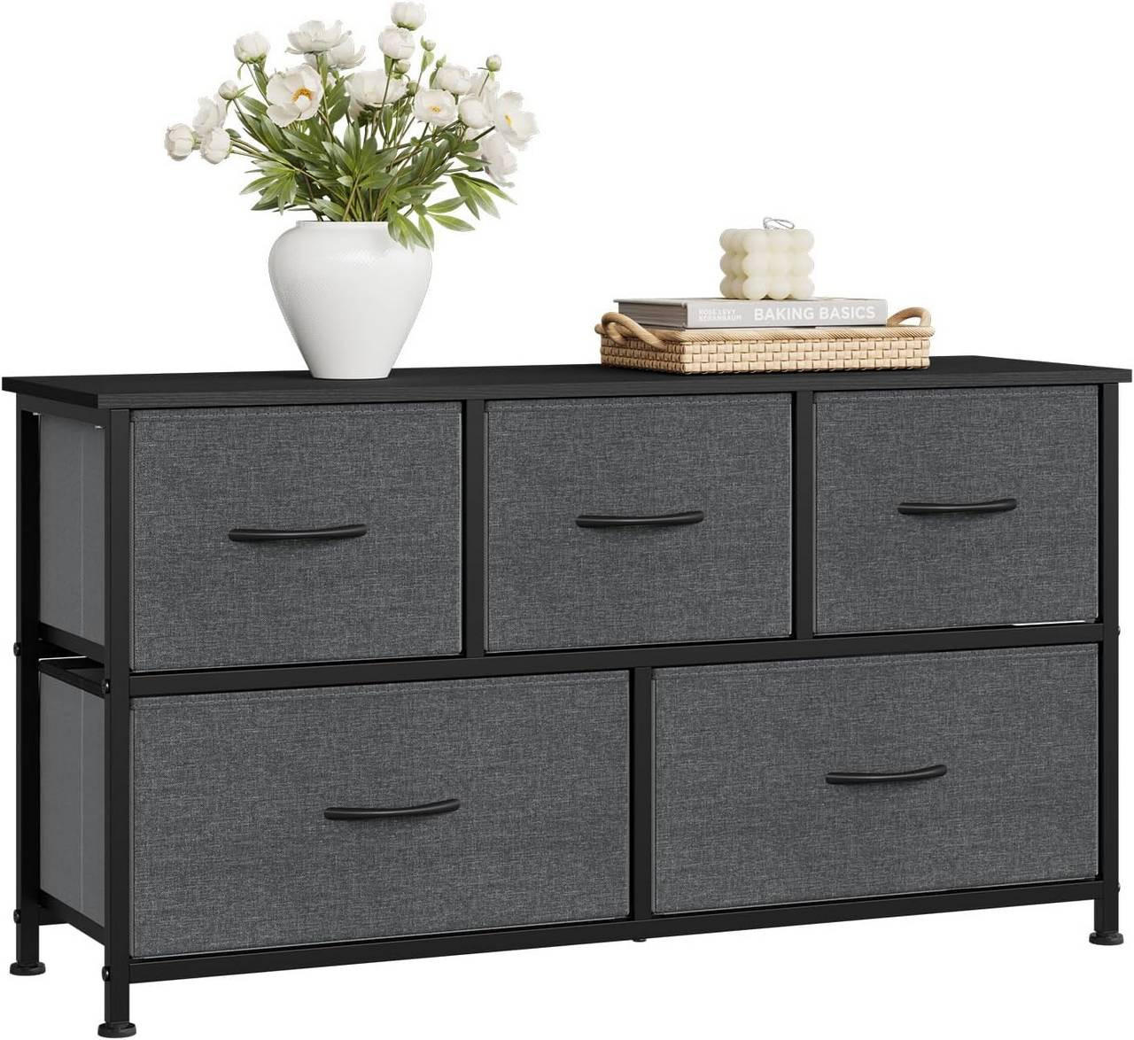 KOMMODENSCHRANK mit 5 Schubladen aus Holzwerkstoff ,Metallrahmen,Schwarz + Dunkelgrau - Dunkelgrau/Schwarz, Holzwerkstoff/Metall (100/54/30cm) - Woltu