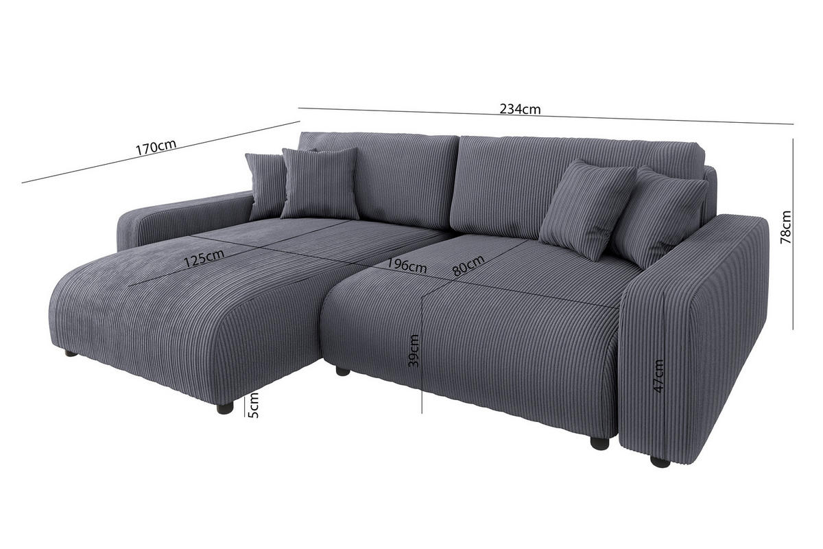 ECKSOFA Emma Grau Cord - Ottomane links - Grau, Textil (234/170cm) - S-Style Möbel