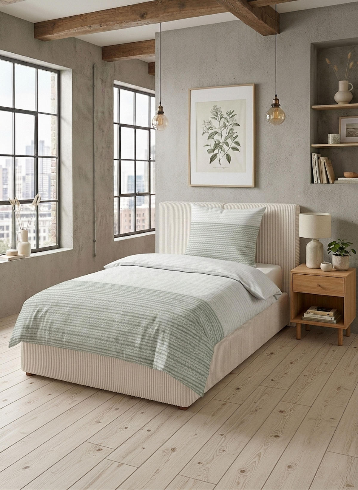 BETTWÄSCHE-GARNITUR Premium Biber Struktur salbei, 135x200 cm + 80x80 cm - Salbeigrün, Textil (135/200cm) - biberna