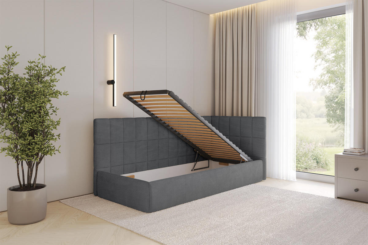 EINZELLBETT Jugendbett mit Bettkasten, Links - TULY 90x200 Dunkelgrau - Graphitfarben, Holzwerkstoff/Textil (90/200cm) - ALTDECOR
