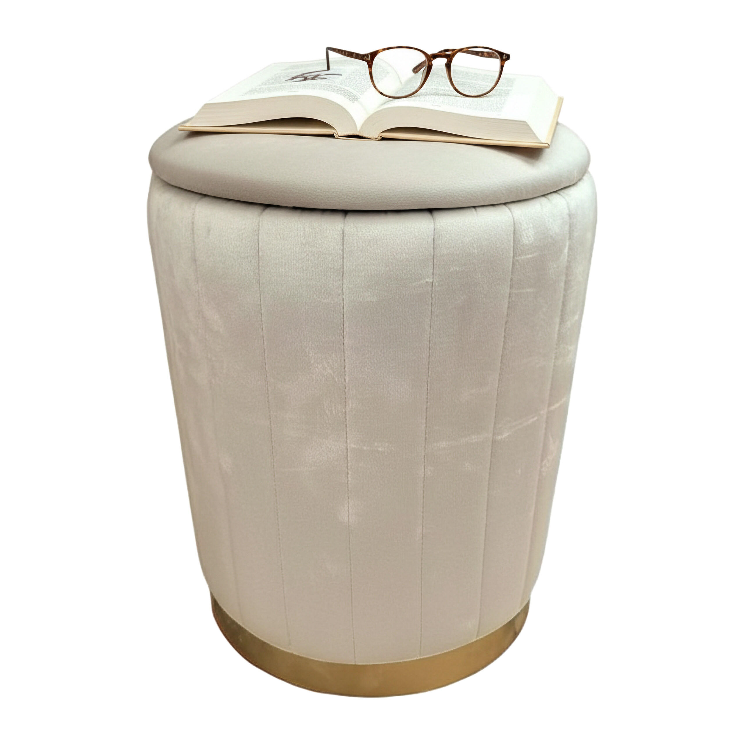 TABURET Béžový zamat s úložným priestorom zlatá kovová základňa - béžová, kompozitné drevo/textil (32/42/32cm) - Relaxdays
