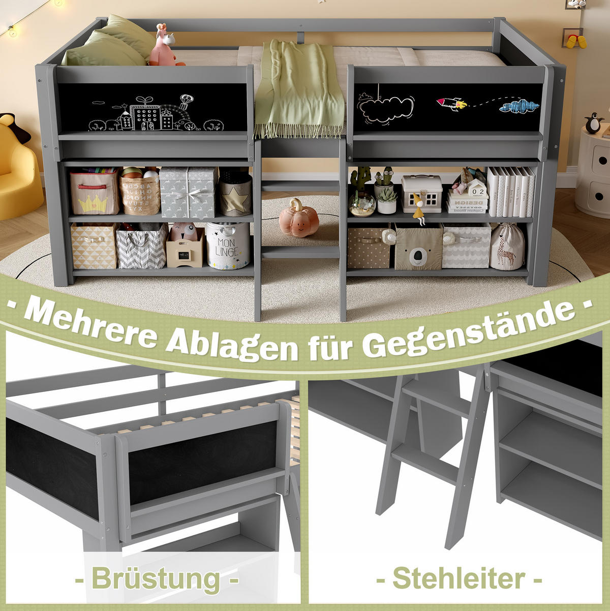 HALBHOHES Bett 90/200 cm grau aus Kiefernholz und MDF mit Stauraum - Grau, Holzwerkstoff (90/200cm) - OKWISH