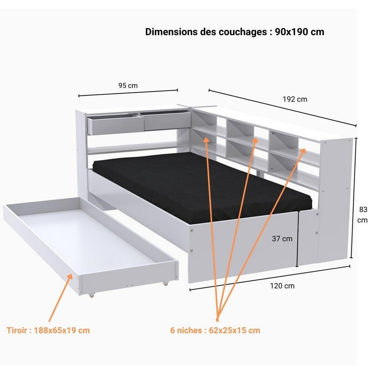 STAURAUMBETT ROLLER / 90x190 cm - Weiß - Weiß, Holzwerkstoff (90/190cm) - Weber Industries