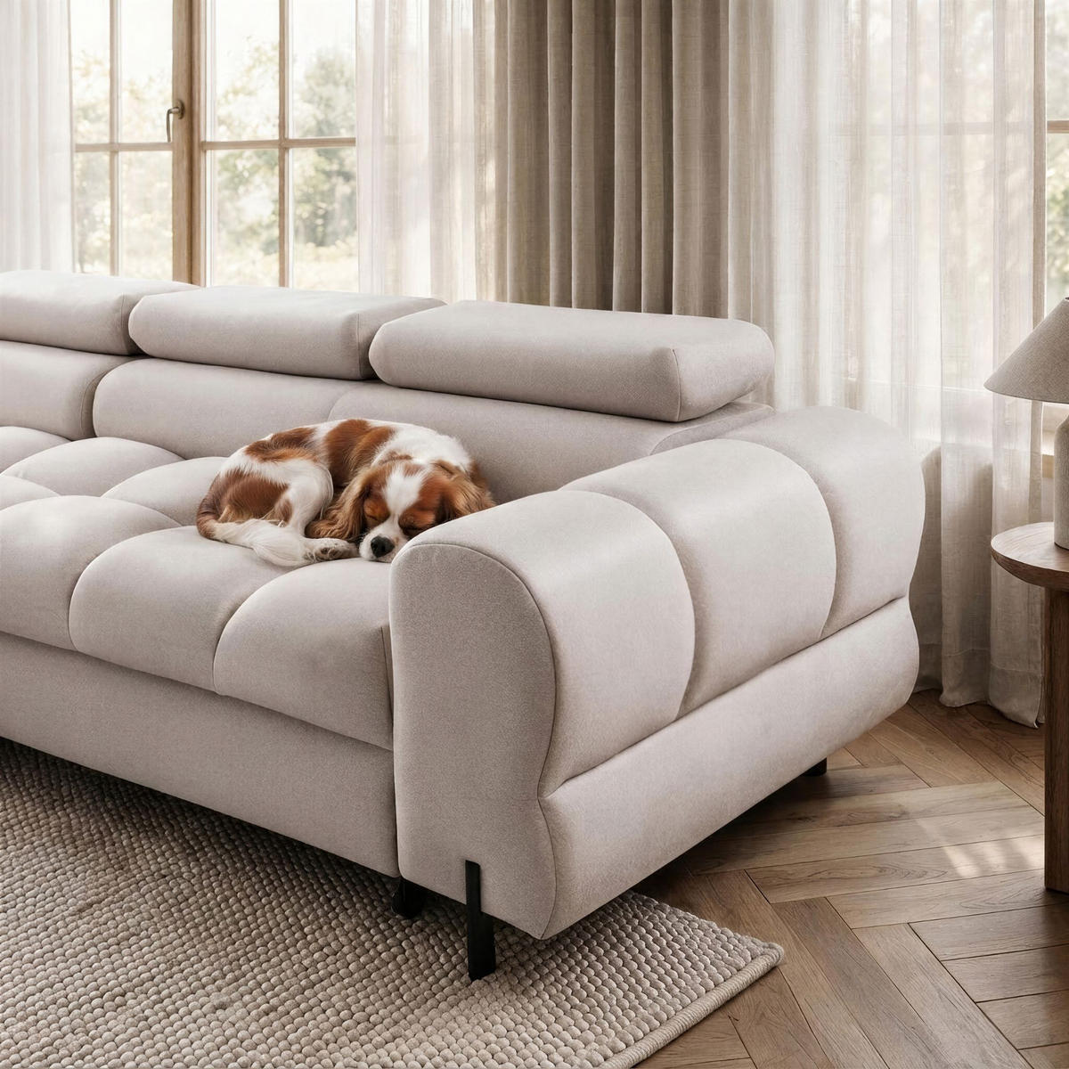 ECKSOFA UFFO L Links mit Schlaffunktion 260x195 Velours Creme - Creme/Schwarz, Holz/Textil (260/195cm) - Muffo