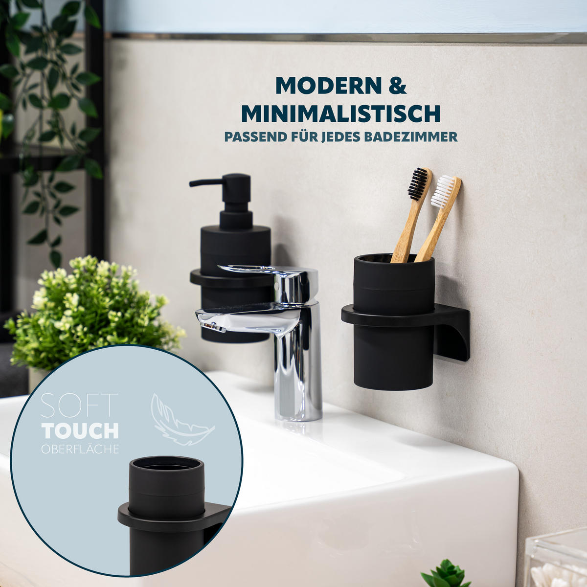 ZAHNPUTZBECHER SAVONA Softtouch, schwarz, rund - Schwarz, Kunststoff (9/11/9.5cm) - bremermann