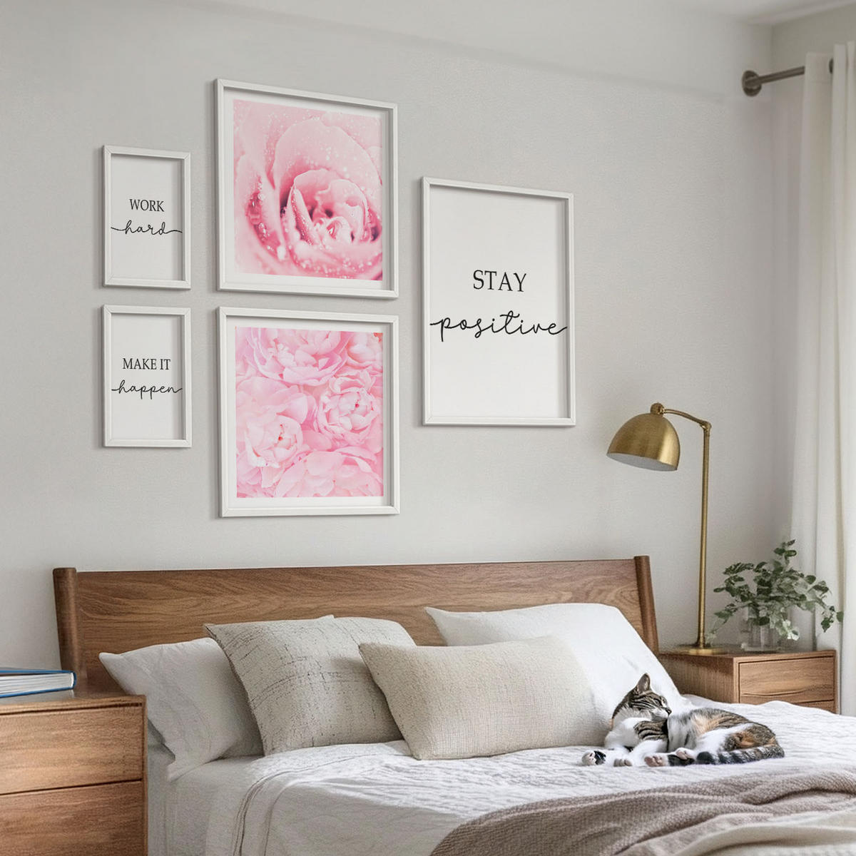 WANDBILDER 5er-Set - 50x50 cm & 20x30 cm & 40x60 cm Weißer Rahmen - Minimalistische rosa Blüten - Weiß, Kunststoff (40/60cm) - ArtPrintCave