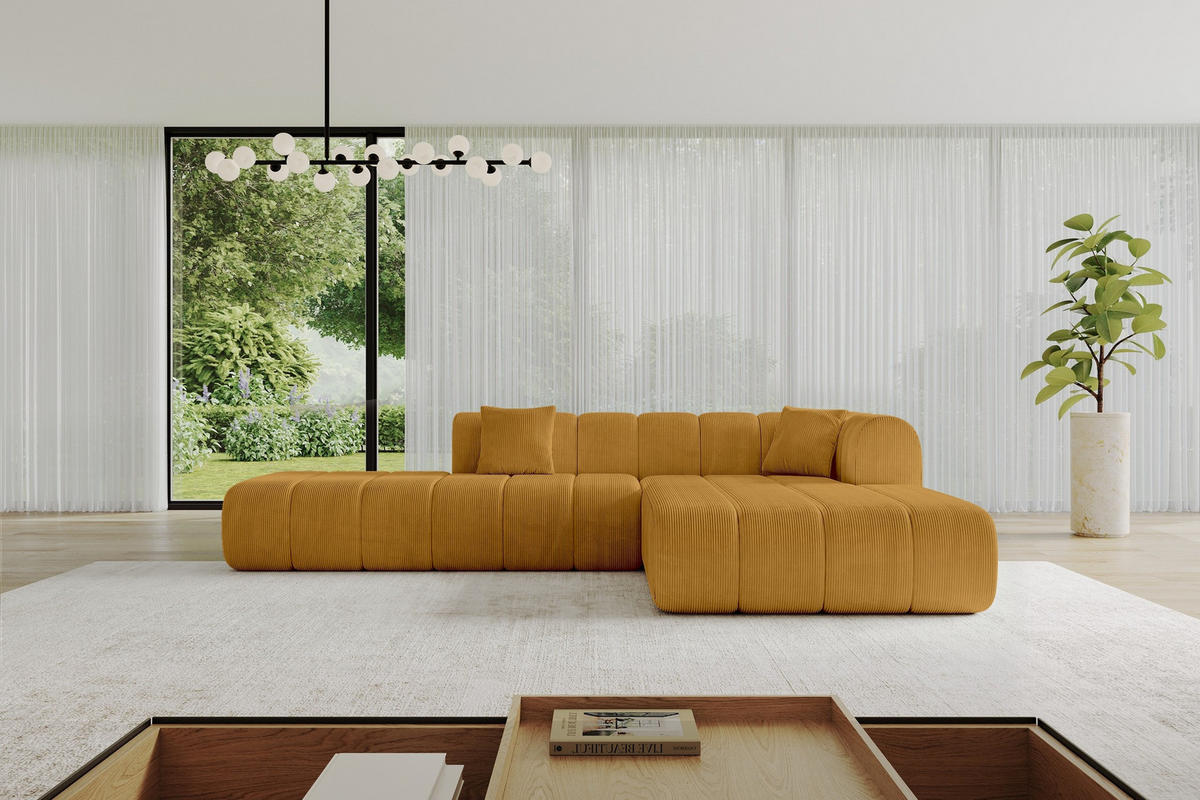 ROHOVÁ SEDAČKA s otomanem, pravá BILA-L 289x176x71 Hořčicová Manšestr - černá/tmavě žlutá, kompozitní dřevo/textil (289/176cm) - ALTDECOR
