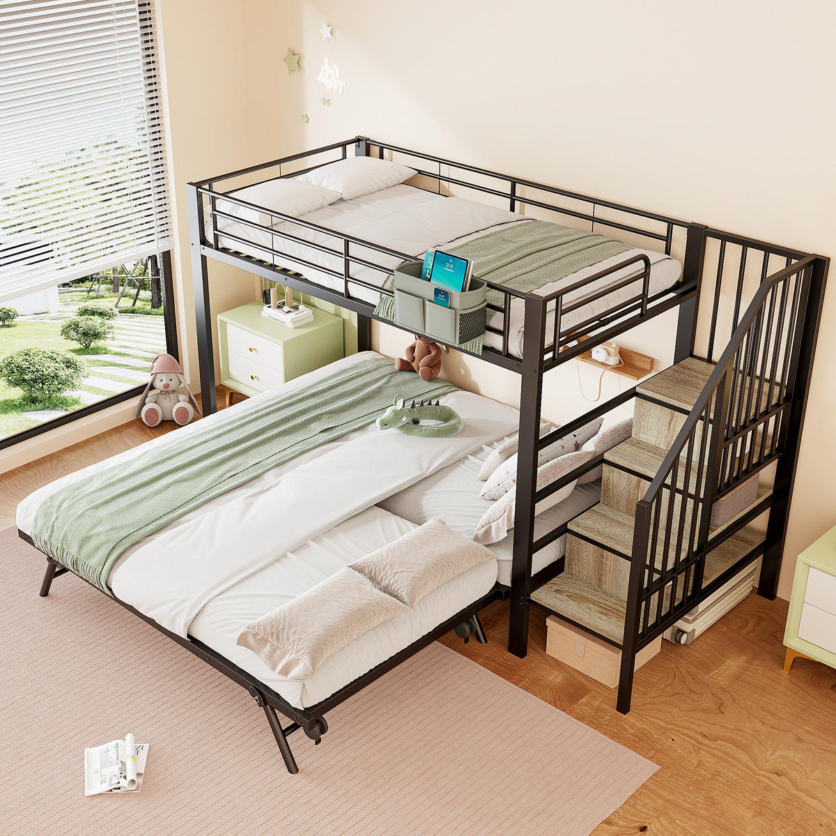 ETAGENBETT aus Metall 90x200/180x200 cm Schwarz mit Ausziehbett, Stauraumtreppe und Stofftasche - Schwarz, Metall (90/200cm) - Modfu