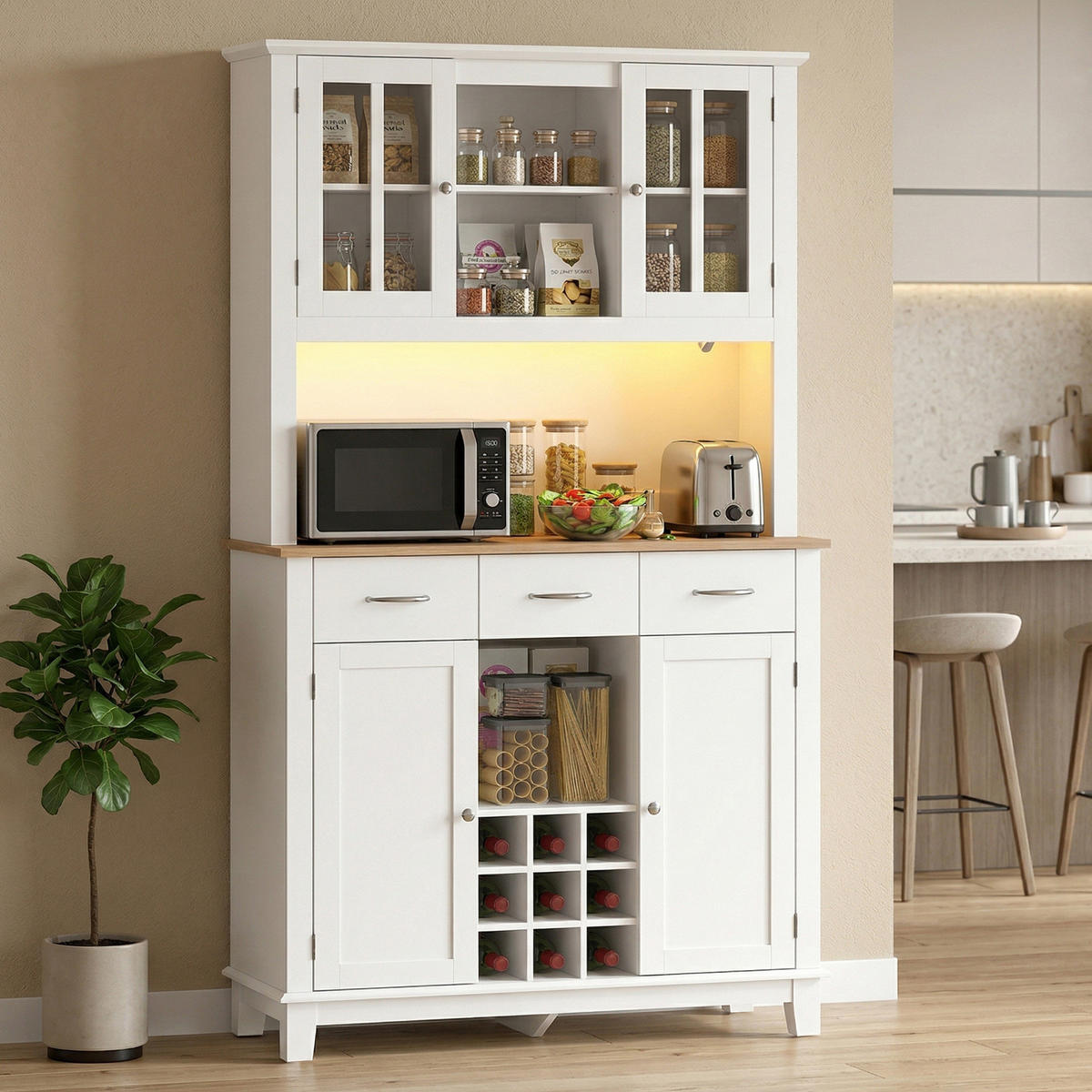 BUFFET DE-11344 LED-Licht & Weinkeller, 4 Türen, 3 Schubladen Weiß - Weiß, Holzwerkstoff (39.5/180/100cm) - ComfortXL
