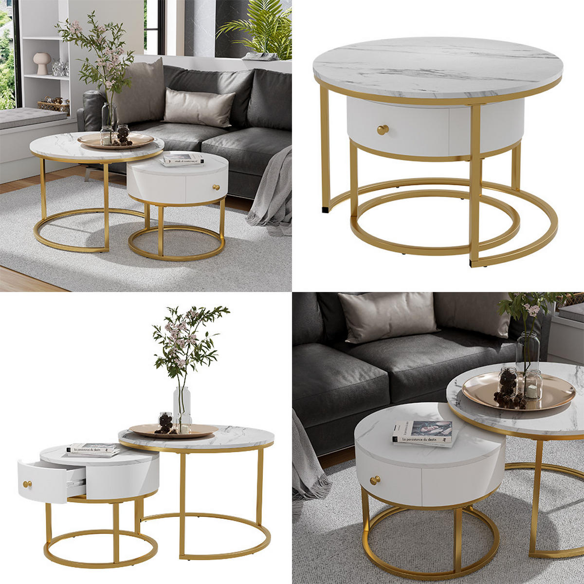 COUCHTISCH-SET Madrid Marmor Weiß 70 x 70 cm , kleiner Tisch mit Schublade - Weiß Hochglanz, Holzwerkstoff (70/70/48cm) - Vicco