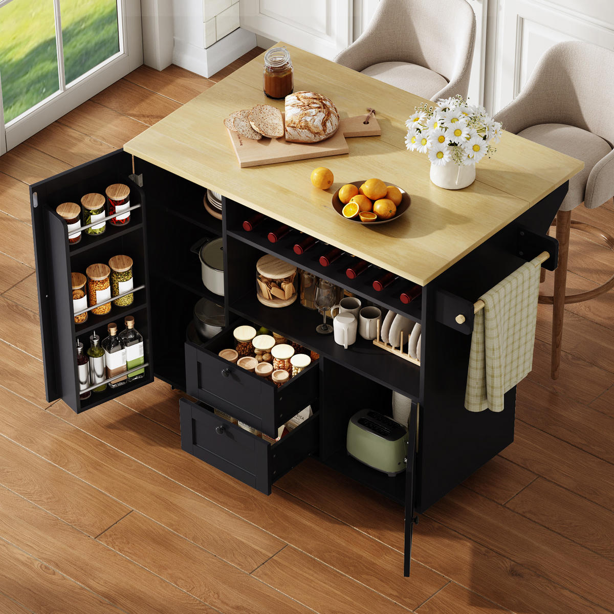 KÜCHENINSEL 89 cm MDF Natur Schwarz mit Klappbarer Arbeitsplatte und Weinregal - Schwarz, Holzwerkstoff (69/89/104cm) - Korfee