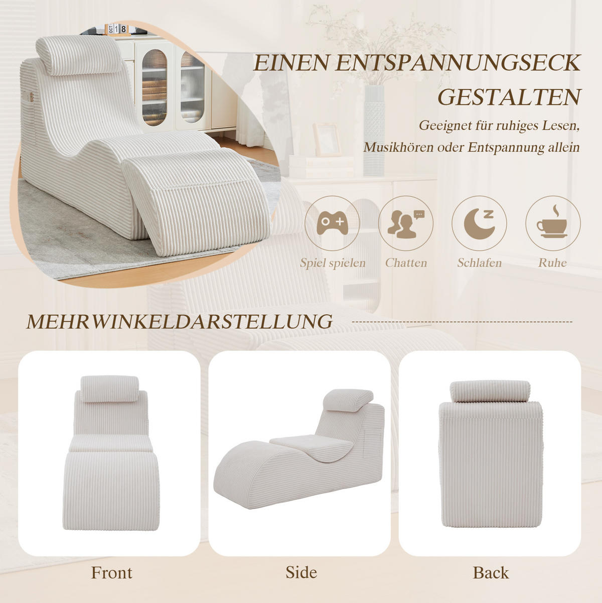 RELAXSESSEL 160/66/90 cm Beige aus Cord mit Seitentasche und Sitzkissen - Beige, Textil (66/90/160cm) - OKWISH
