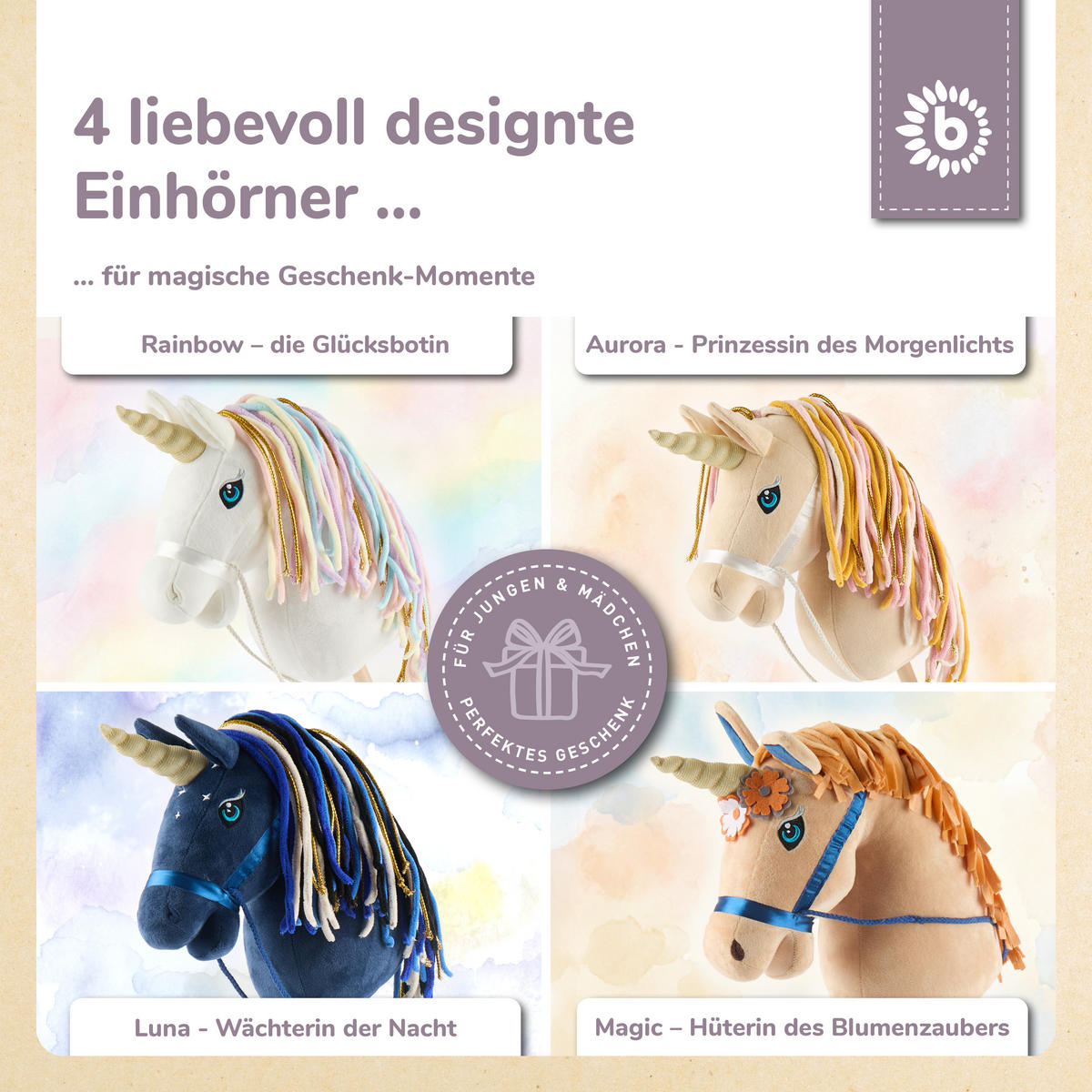 STECKENPFERD Einhorn Rainbow aus Holz - Weiß, Textil (33/92cm) - Bieco Spielwaren
