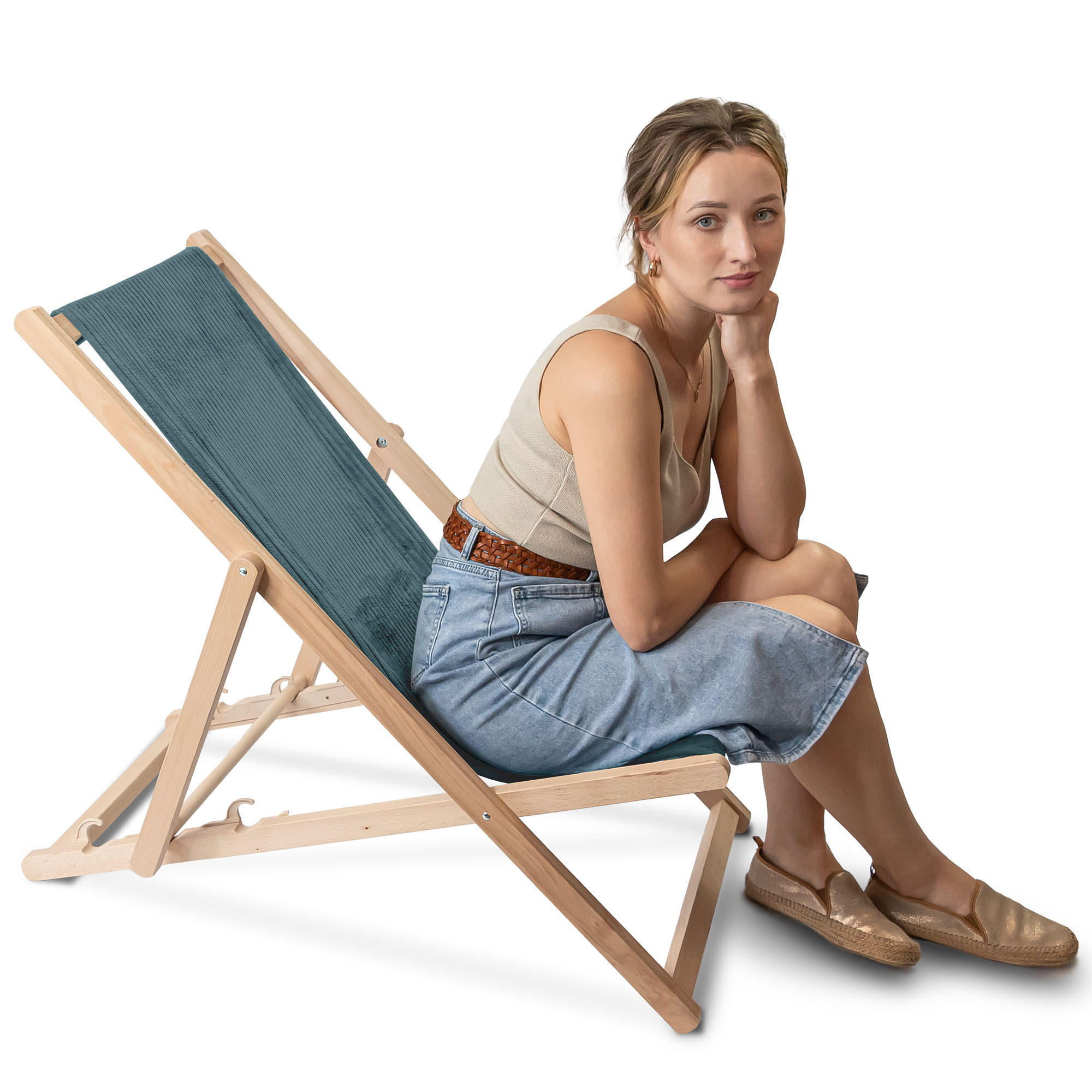HOLZLIEGESTUHL klappbar Buchenholz Cord-Gewebe Ocean Depths M - Blau/Dunkelblau, Holz/Textil (54/85/92cm) - Dreamroots
