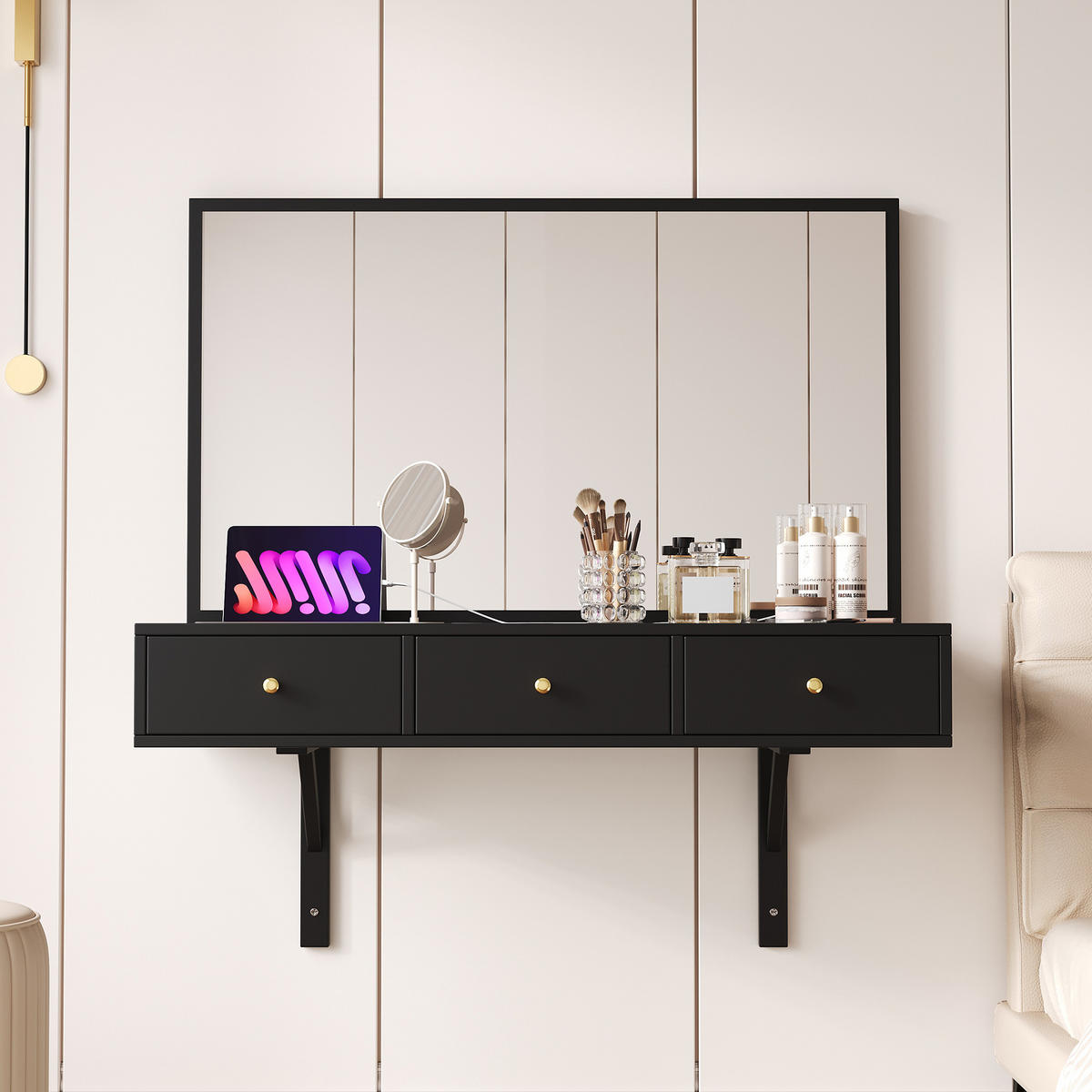 SCHMINKTISCH 100/105/45 cm schwarz mit 3 Schubladen und Steckdosen - Schwarz, Holzwerkstoff (100/105/45cm) - OKWISH