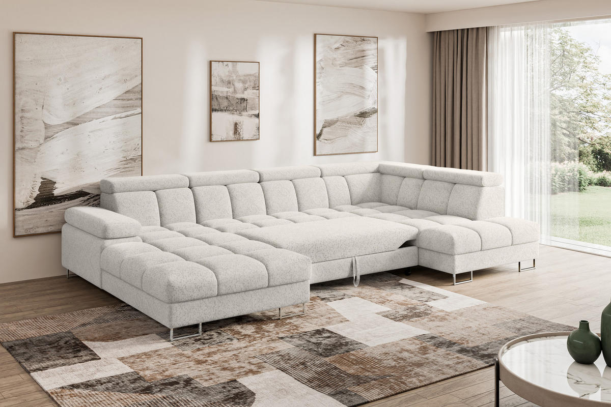 WOHNLANDSCHAFT mit Schlaffunktion und Bettkasten Ottomane RECHTS COMA U 345x203x79 Hellgrau Velours - Hellgrau, Holzwerkstoff/Textil (203/79/345cm) - ALTDECOR