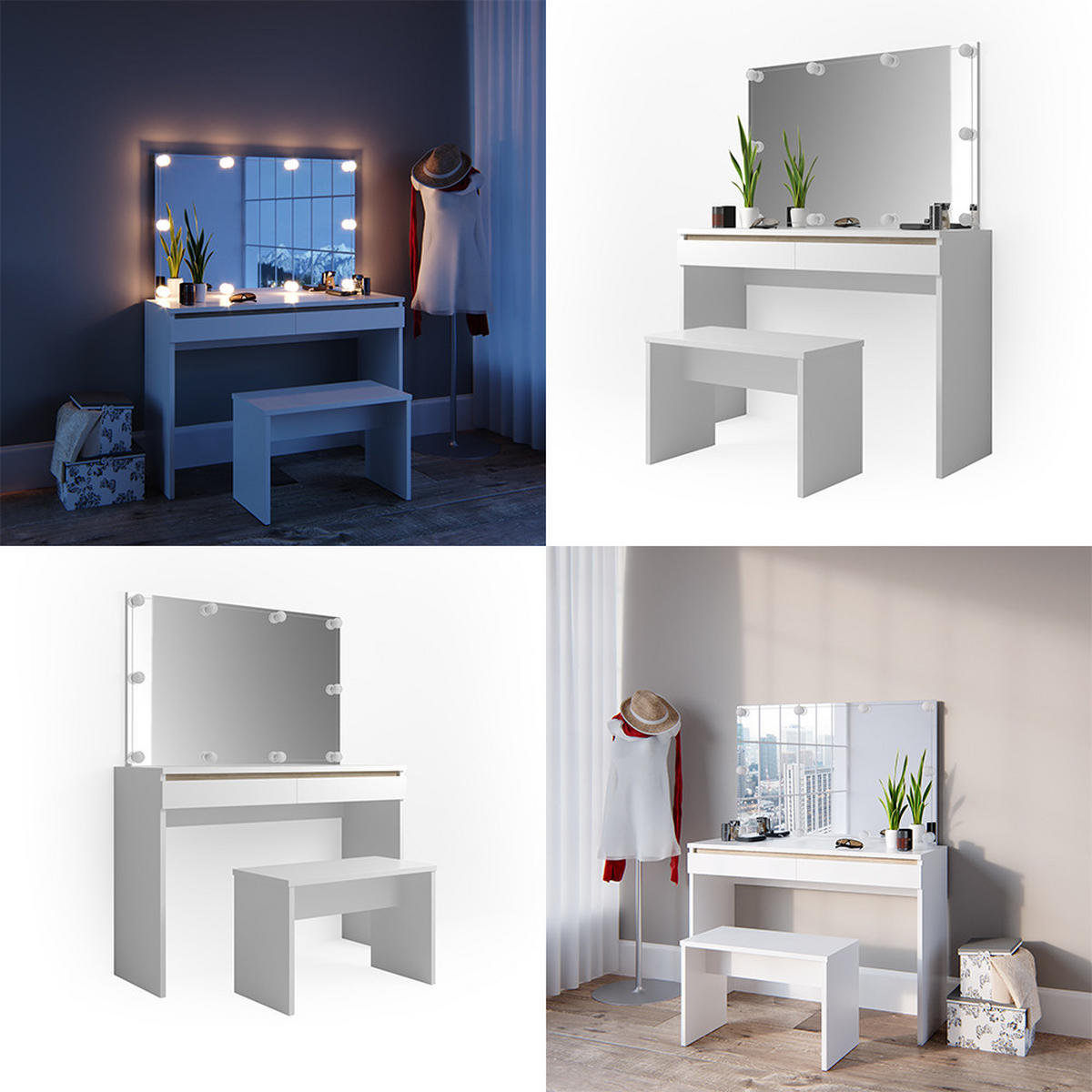 SCHMINKTISCH Emma Weiß 120 cm mit LED Beleuchtung und Bank - Weiß, Holzwerkstoff (120/83/41.8cm) - Vicco