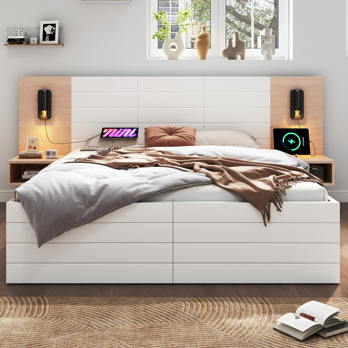 POLSTERBETT aus Massivholz und MDF 140x200 cm in Weiß mit USB & Leselicht - Weiß, Holzwerkstoff (140/200cm) - Modfu