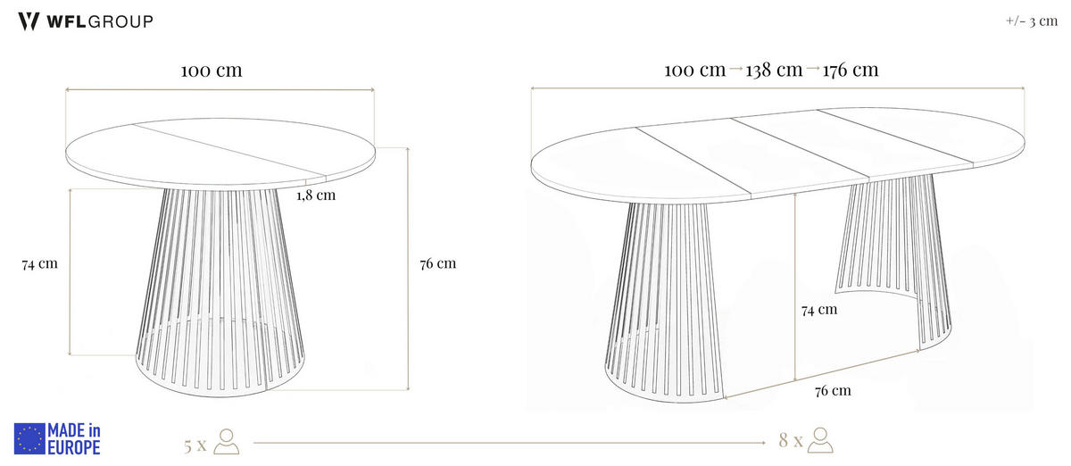 ESSTISCH Naro rund ausziehbar mit Lamellen-Metallgestell in Grau-Beige, Braun 100-180/100/76 cm - Kaschmir/Eiche Wotan, Holzwerkstoff/Metall (100/100/76cm) - WFL GROUP