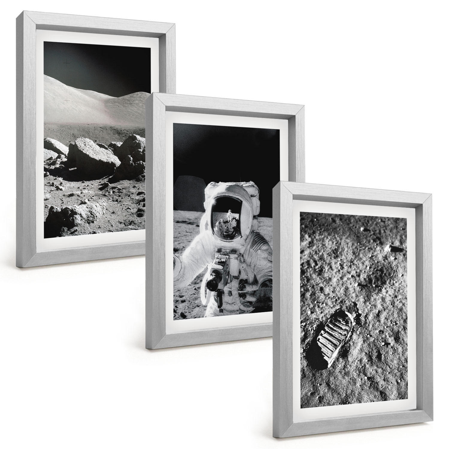BILDER SET 3er Set - 20x30 cm Silberner Rahmen - NASA-Fotos vom Mond Astronaut - Silberfarben, Kunststoff (20/30cm) - TULUP