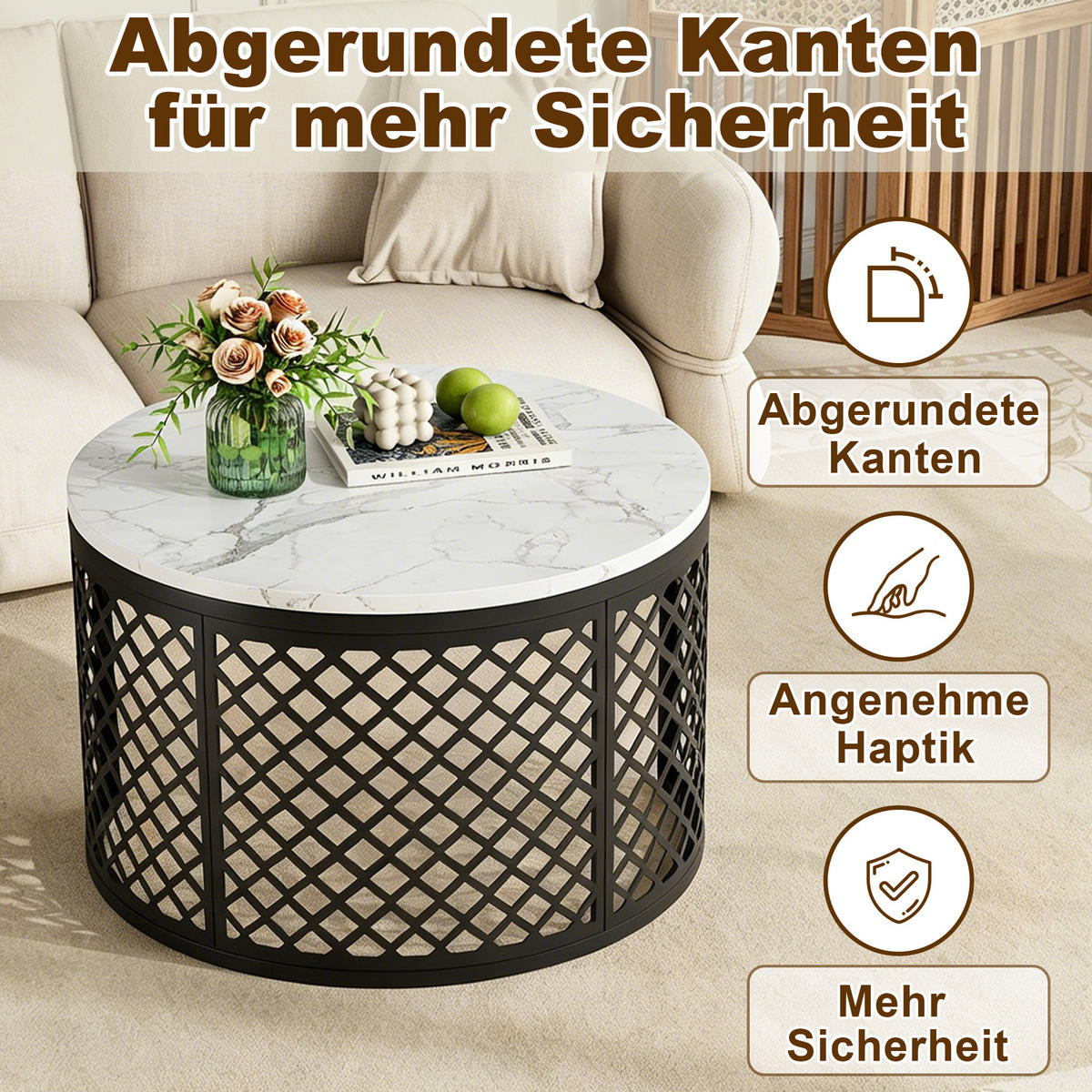 SADA konferenčných stolíkov 70/70/45 cm a 45/45/35 cm biela z kovu a MDF s mramorovým vzhľadom, podstavcom pre zvieratá a zaoblenými rohmi - biela, kompozitné drevo (70/70/45cm) - Modfu