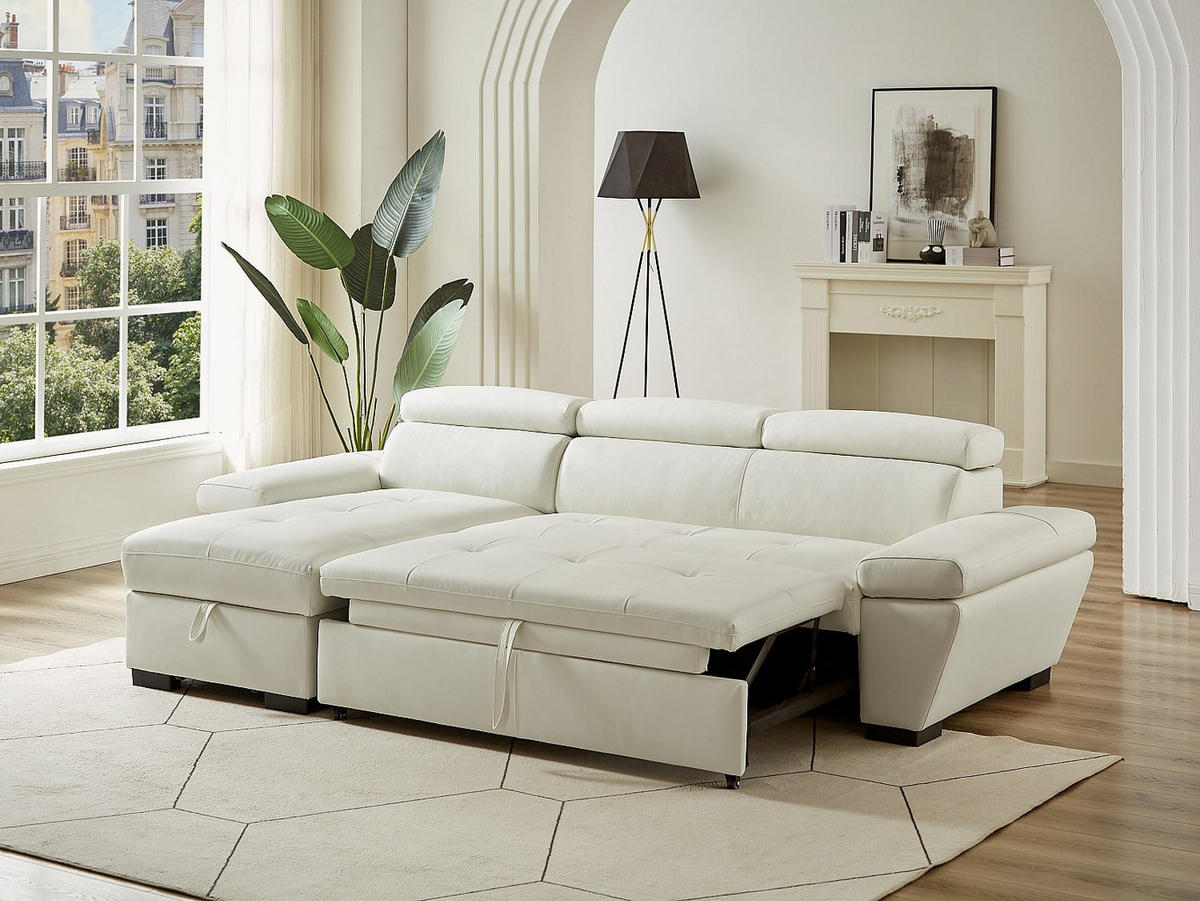 ECKSOFA mit Schlaffunktion - Ecke Links - Leder - Weiß - JONOVA - Weiß, Leder (256/154cm) - Vente-Unique