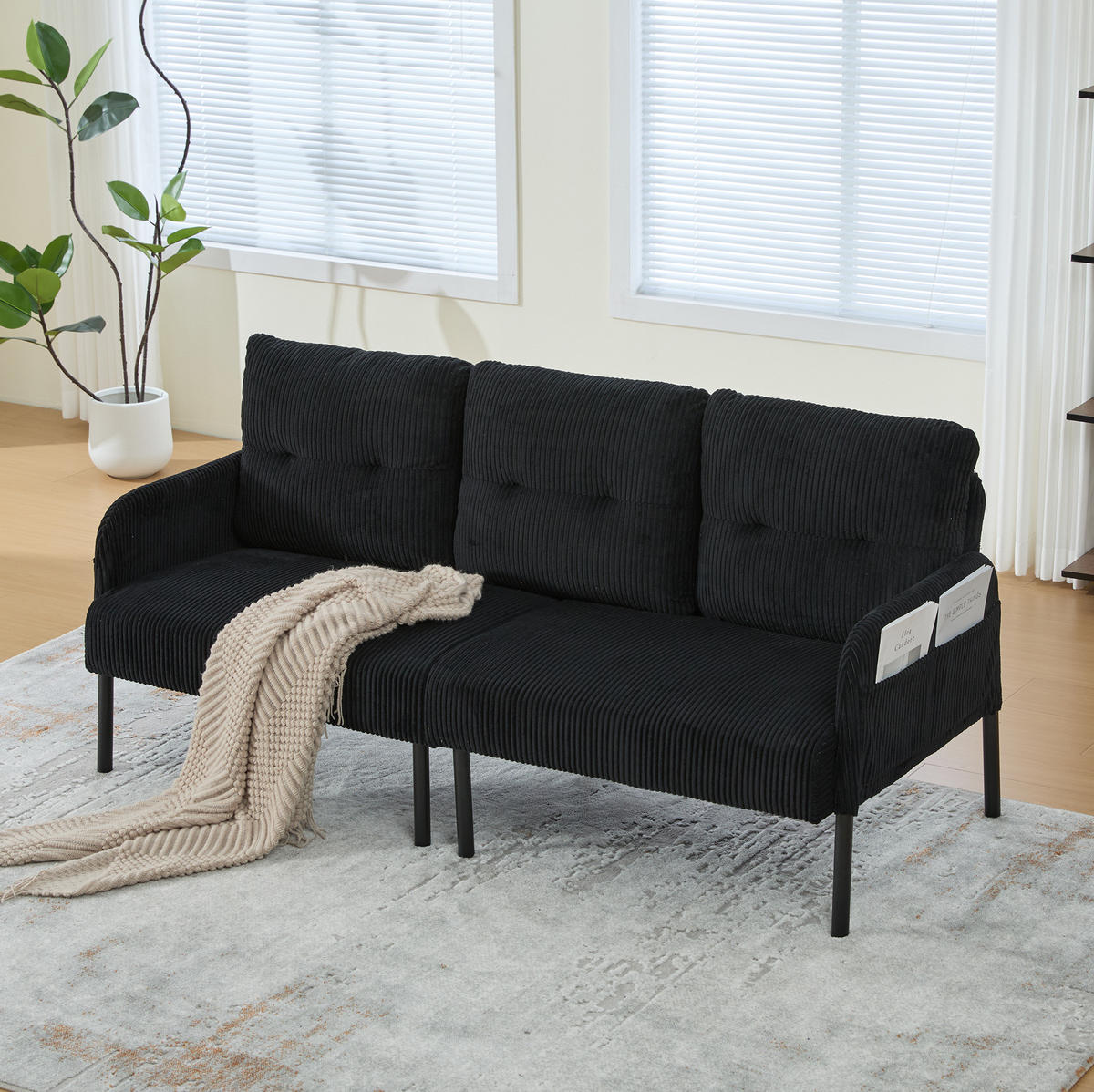 3-SITZER-SOFA 171/72/80 cm aus Cord mit Seitentasche Schwarz - Schwarz, Textil (72/80/171cm) - Modenvie