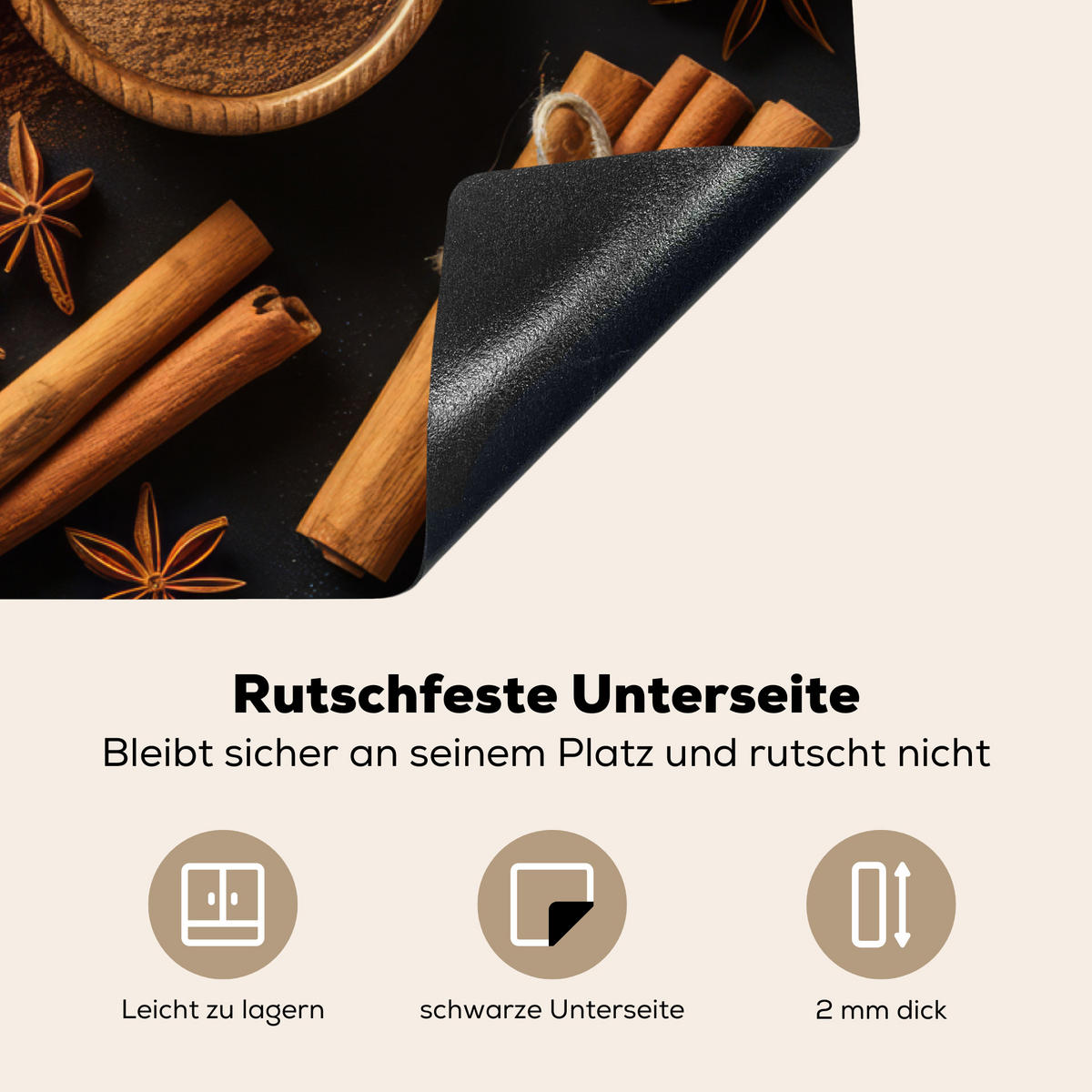 HERDABDECKPLATTE Zimt - Beton - Kaffee - Zimtstangen - Gewürze Induktionsmatte 83x51 cm - Mokka, Kunststoff (83/51.5/0.2cm) - MuchoWow