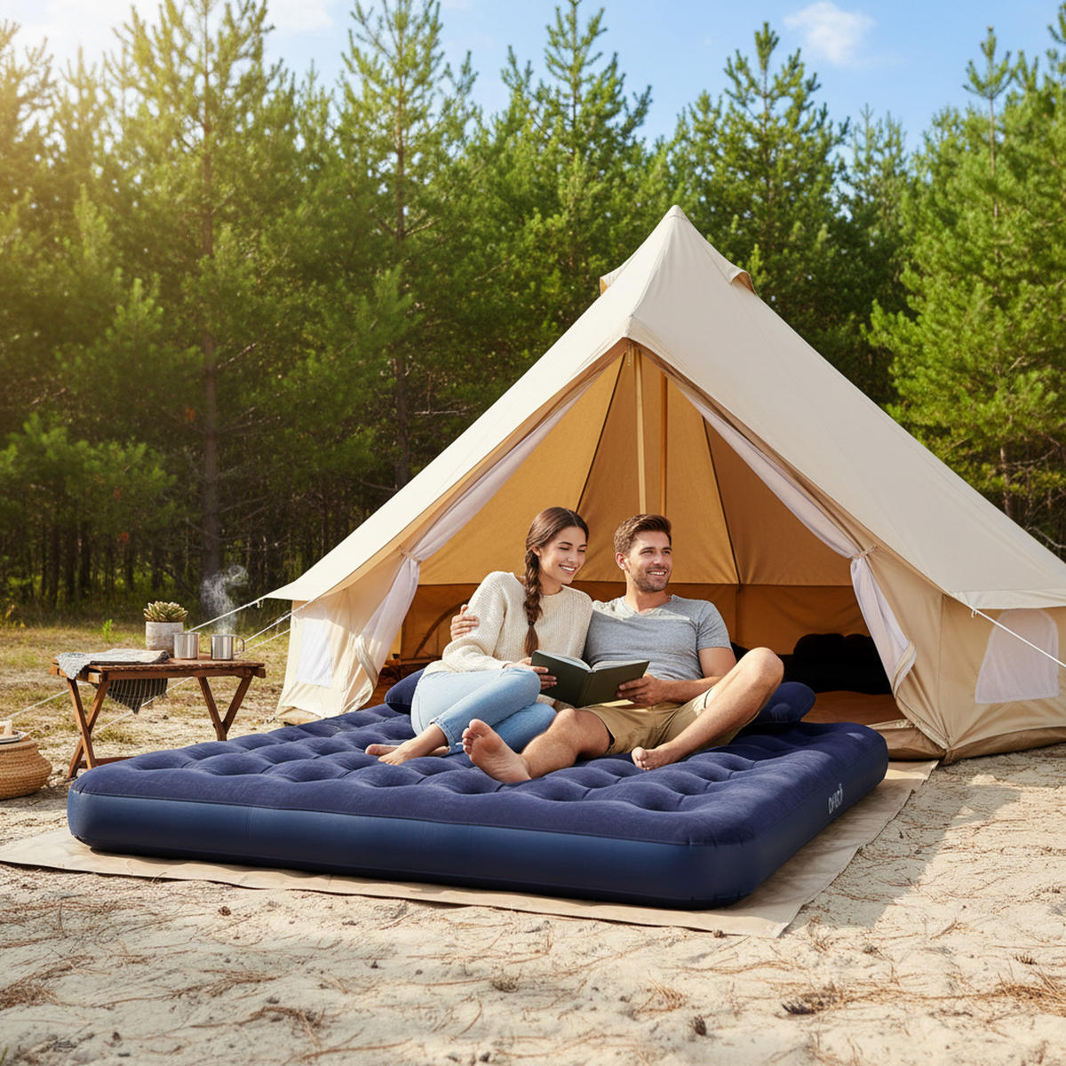 LUFTBETT Luftmatratze Camping 203x183x22cm mit Pumpe und 2 Kissen - Blau, Kunststoff (183/203cm) - Avenli