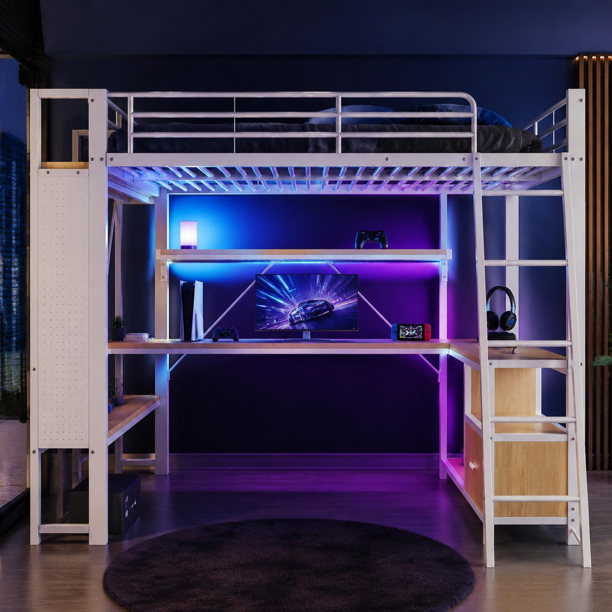 HOCHBETT 140/200 mit LED-Beleuchtung, Schreibtisch und USB-Anschluss in Weiß - Weiß, Holzwerkstoff/Metall (140/200cm) - EVRYAE