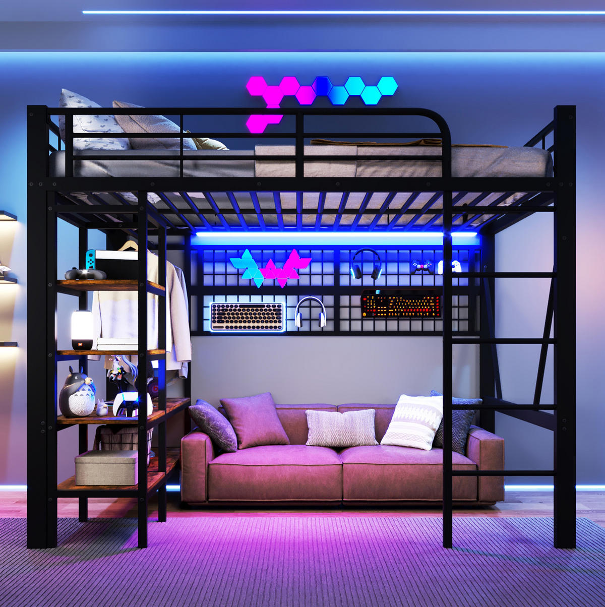 HOCHBETT 140/200 cm Schwarz aus Metall mit LED-Lichtleiste - Schwarz, Metall (140/200cm) - OKMYHOME