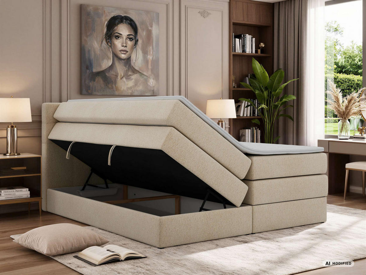 BOXSPRINGBETT SOLVEN KING 160/200 - Beige Stukture - Topper T25 - H3 - Beige/Schwarz, Kunststoff/Textil (160/200cm) - MKS