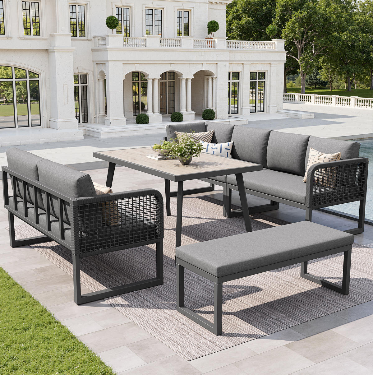GARTENMÖBEL-SET modular mit Tisch 5-tlg. PE-Rattan Grau - Grau, Metall - Beauniv