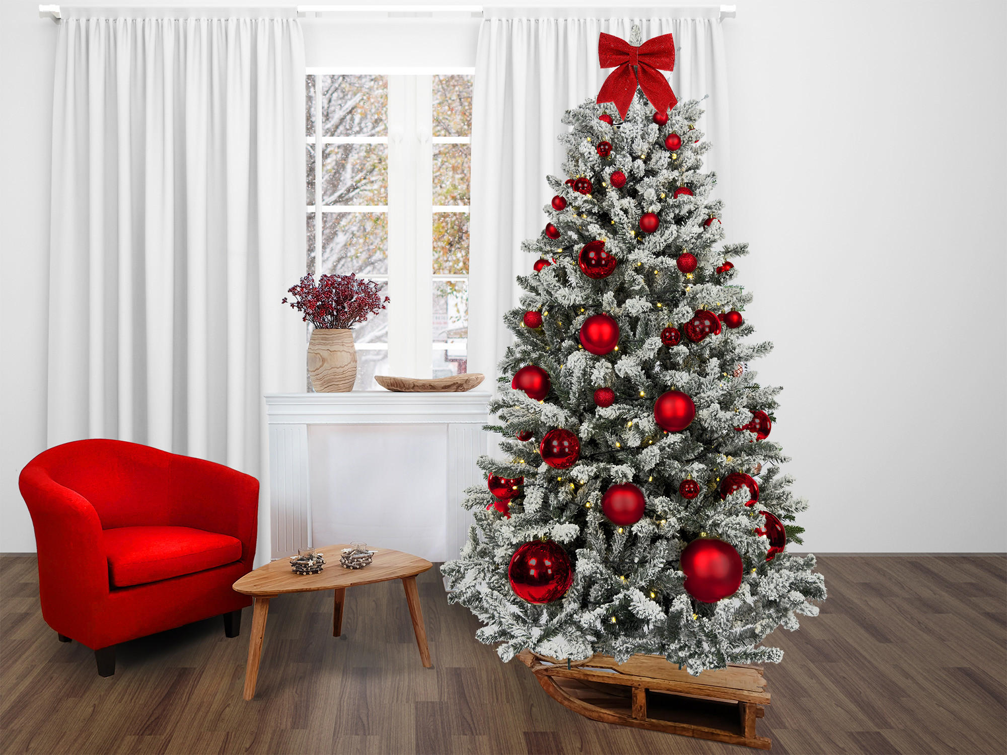WEIHNACHTSBAUM geschmückt künstlich mit 73 Ornamenten RED CHRISTMAS 150 cm Baum mit Ständer und Weihnachtsornamenten - Rot/Weiß, Kunststoff (150cm) - LAALU