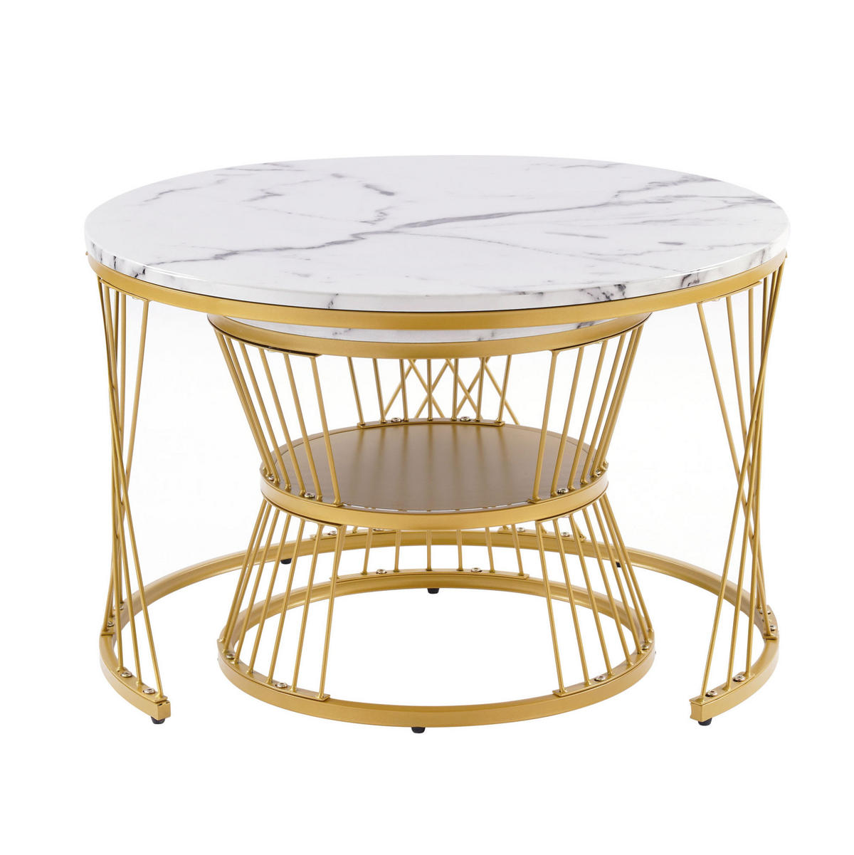 COUCHTISCH-SET 70/70/47 & 45/45/40 cm, rundes Nesting-Design mit Hochglanz-Marmormuster und Metallgestell, Weiß - Weiß, Holzwerkstoff (70/70/45cm) - Redom