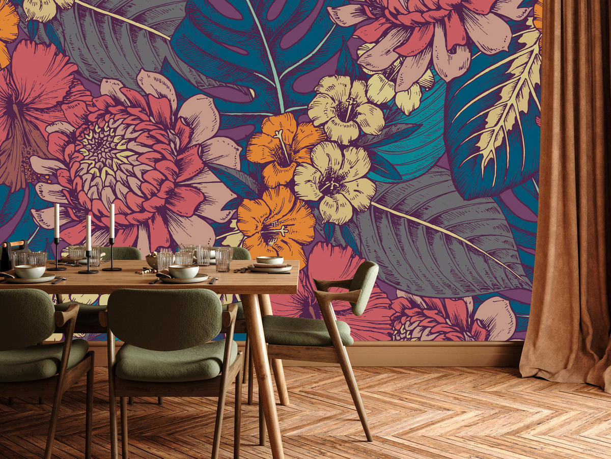 FOTOTAPETE für Schlafzimmer Retro Bunte Blätter Blumen Pflanzen 200x140 - Türkis/Blau, Papier (200/140cm) - Muralo